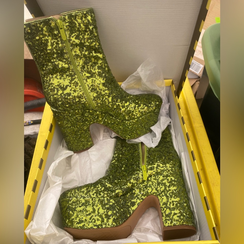 Green sequin platform boots